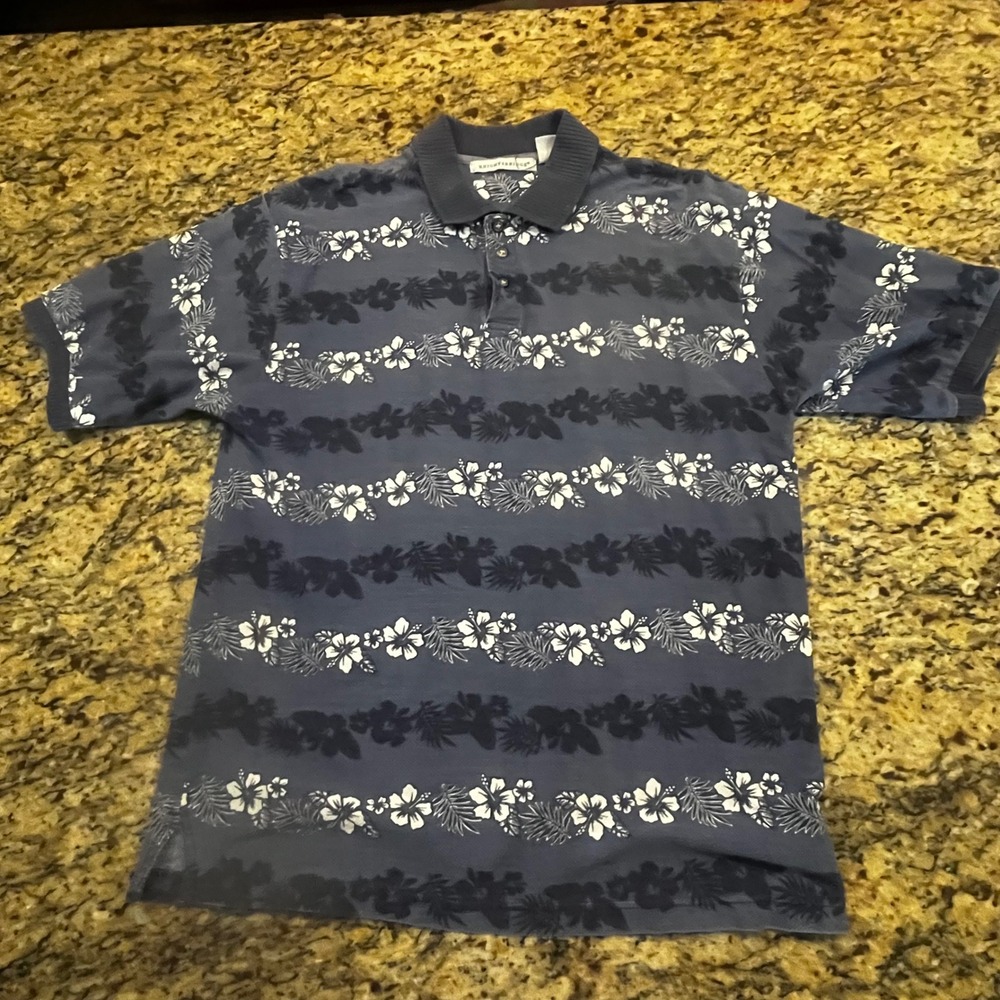 Knightsbridge Mens Blue Floral Palm Tropical Short Sleeve Cotton Polo Shirt M